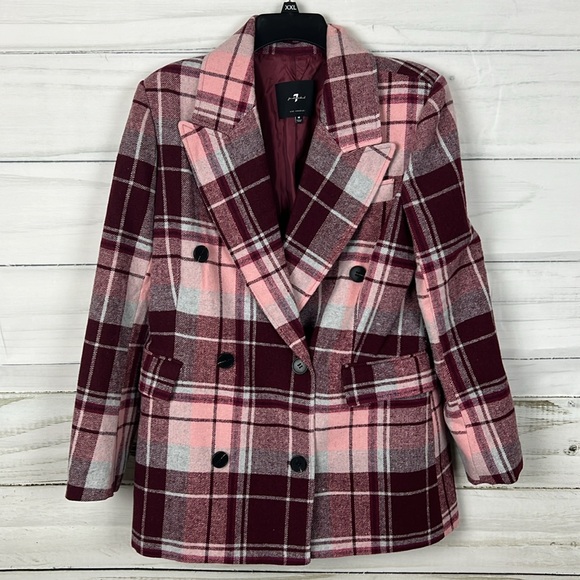 7 For All Mankind Plaid Blazer Double Breasted Burgundy Medium - Picture 3 of 7